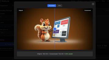 Interface showing compression quality slider, format selection dropdown, and before/after preview